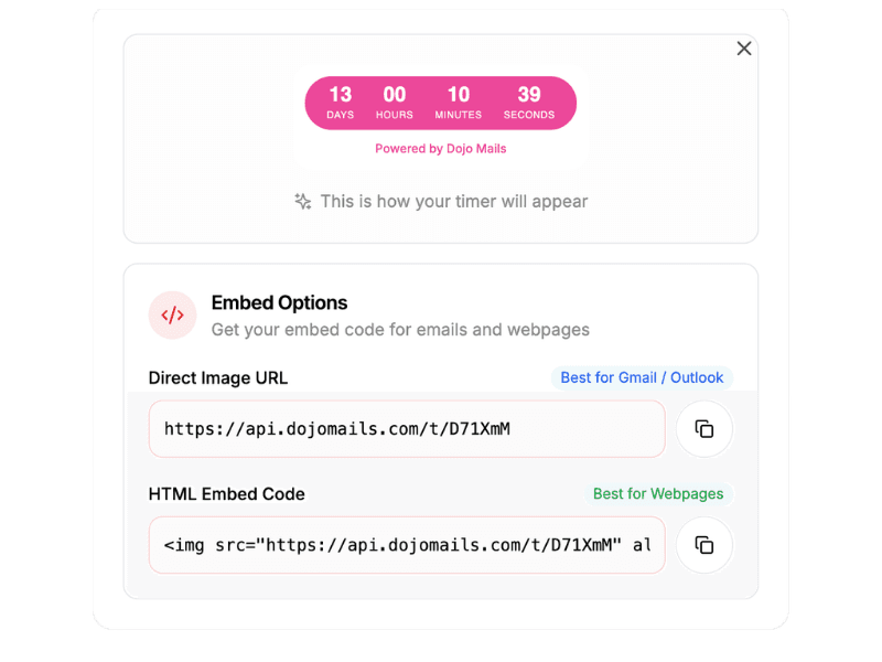 Dojo Mails timer editor dashboard